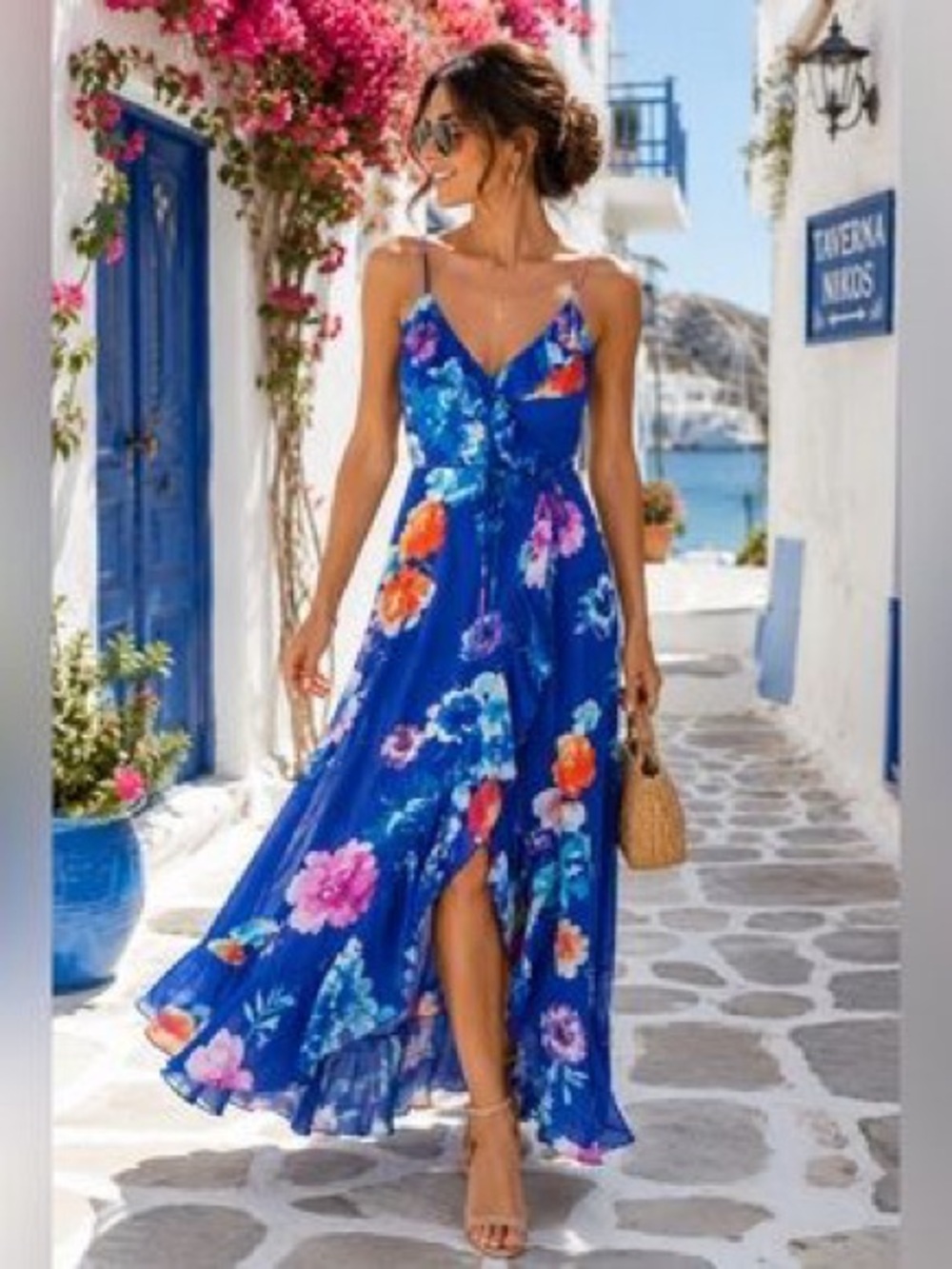 Lulus NWT Women Large Ladean Royal Blue Floral Print Ruffled Wrap Maxi Dress